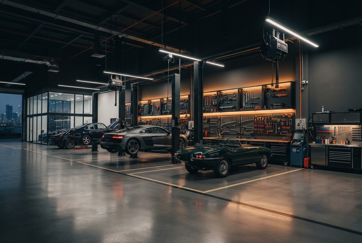 North Fork Auto workshop bay and technicians