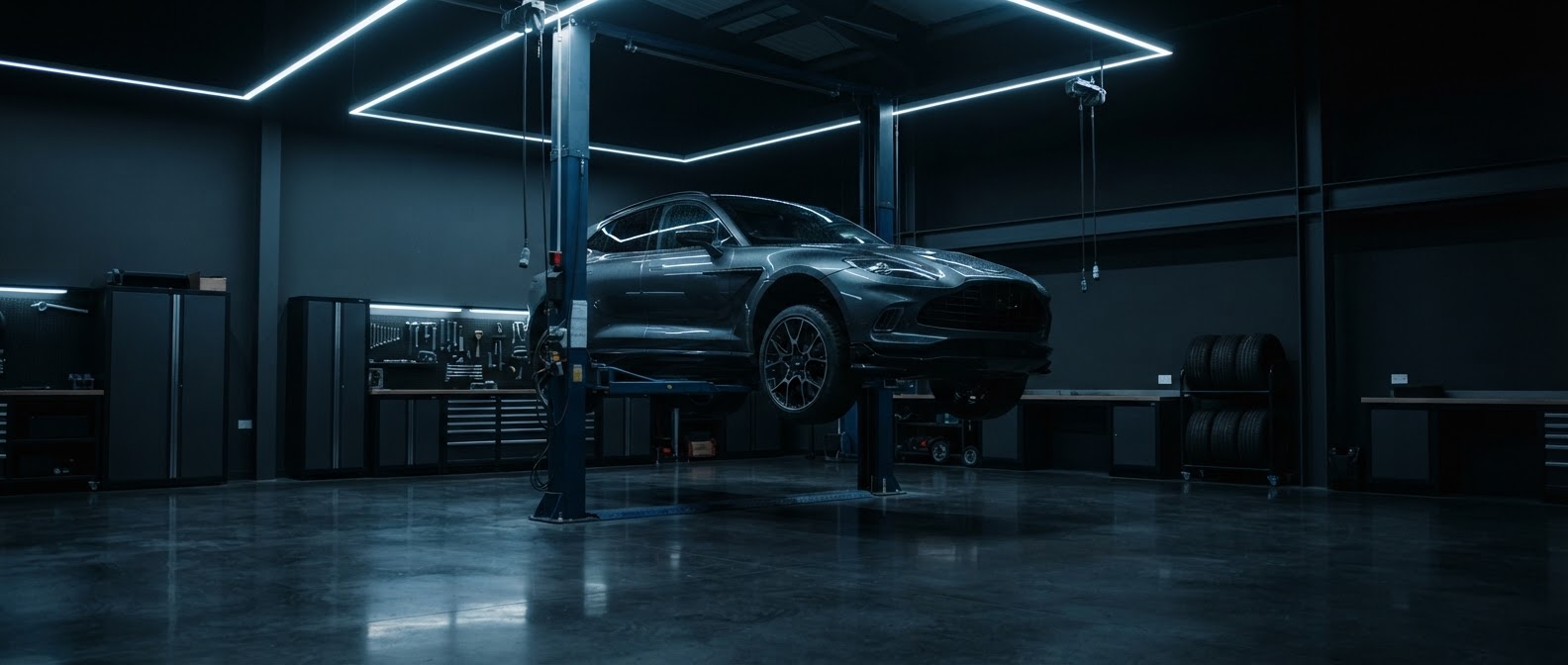 Luxury vehicle on a hydraulic lift inside the North Fork Auto workshop
