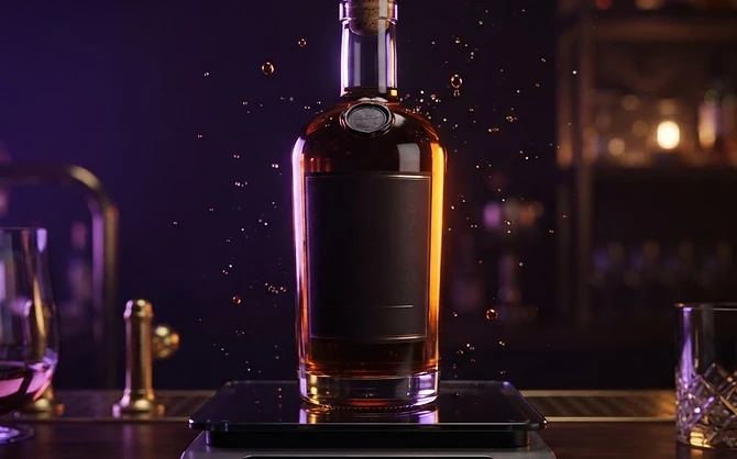 A liquor bottle on a digital scale under purple and orange light