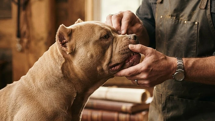 American Bully Temperament — Family and Children American Bully puppy with wide chest and friendly expression sitting with a child in a grassy backyard