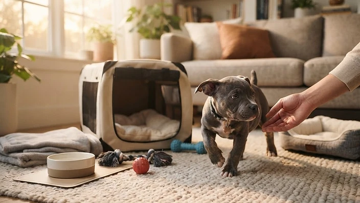 American Bully Puppy First Week at Home New American Bully puppy sitting in a cozy home setting surrounded by puppy supplies on their first day home