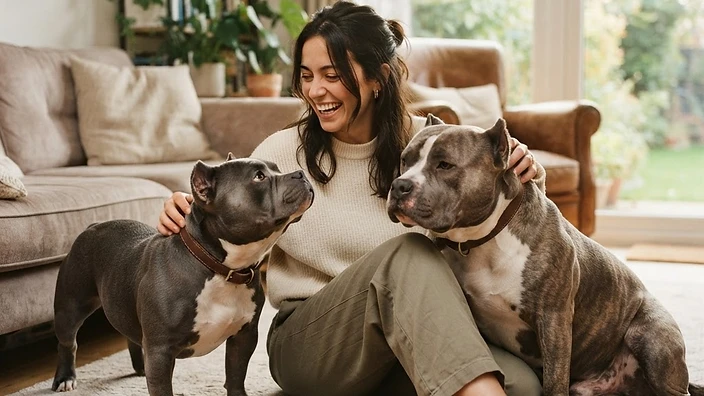 XL American Bully — powerful, calm, and family-devoted Large XL American Bully with broad chest and powerful frame standing beside a family, demonstrating gentle giant temperament
