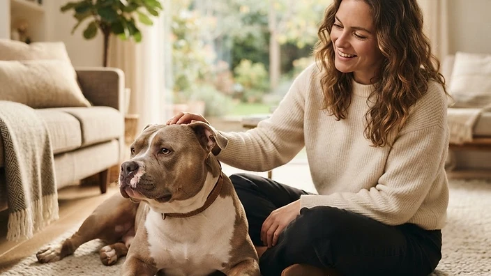 American Bully dog sitting calmly outdoors with owner in Austin Texas backyard, showing healthy muscular build and short coat