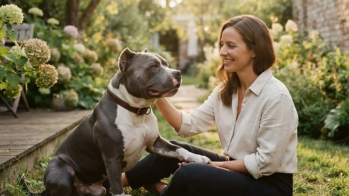American Bully puppy sitting outdoors in a sunny yard, showcasing its muscular build and broad chest