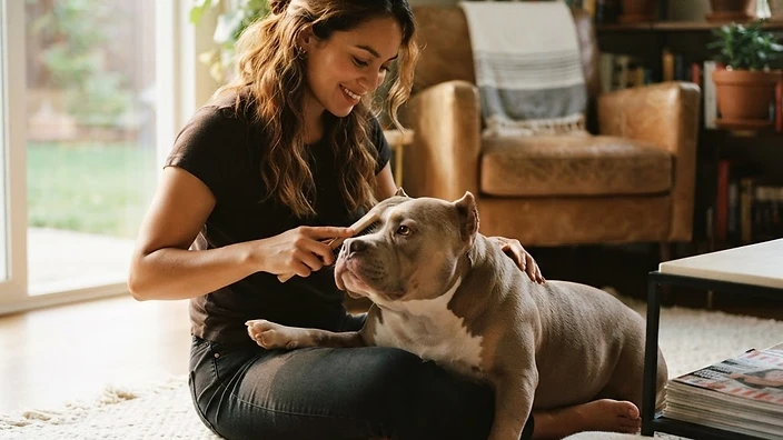 American Bully receiving grooming including brushing and ear cleaning from attentive owner