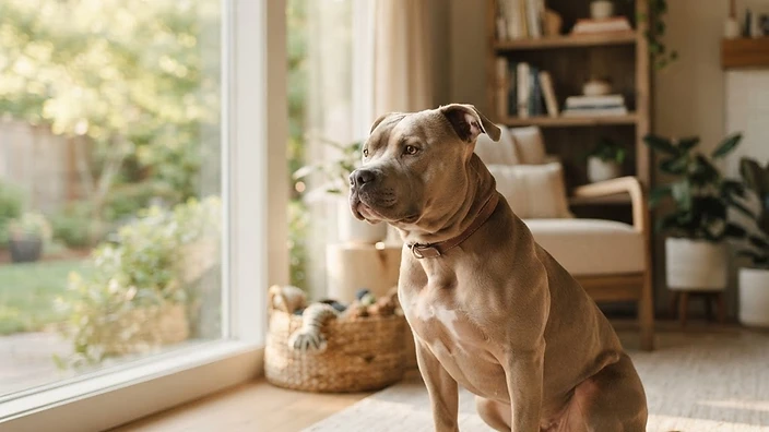 American Bully dog sitting with family outdoors in Austin Texas backyard, healthy and well-groomed