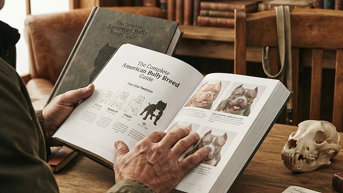 American Bully Size Varieties Comparison — Pocket, Standard, Classic, XL Four American Bully size varieties side by side — Pocket, Standard, Classic, and XL — showing height and build differences