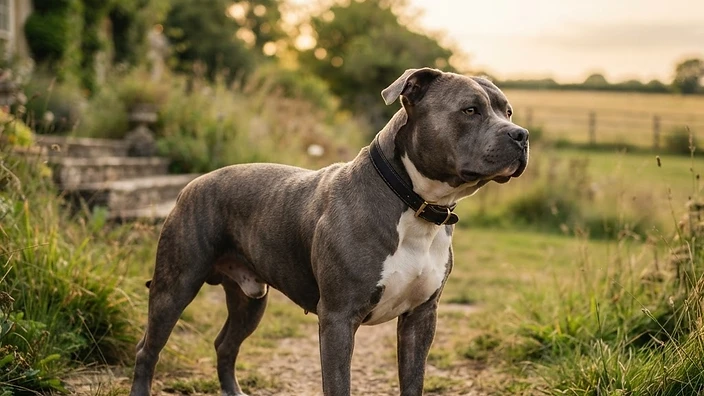 Muscular American Bully dog in a confident stance showing classic breed structure and wide blocky head
