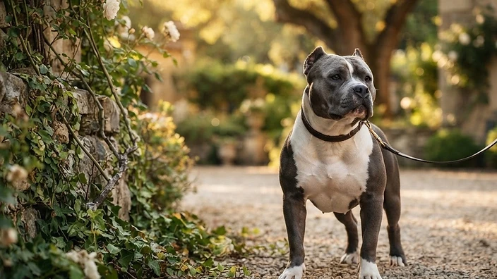 Muscular American Bully dog with broad head and blocky build standing confidently outdoors in Austin Texas