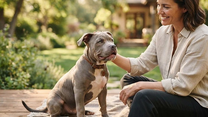 A healthy American Bully puppy sitting with a caring breeder in a home environment, showcasing ethical breeding practices