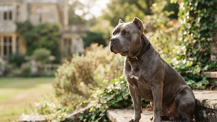 American Bully dog standing in show stack position, displaying blocky head, wide chest, and muscular body structure