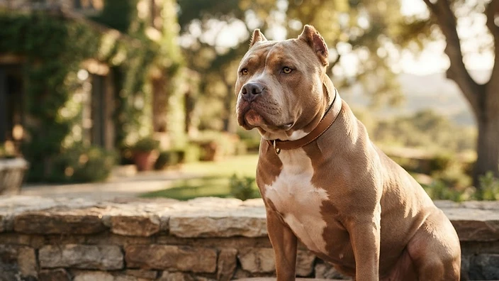 Muscular American Bully dog with broad blocky head and glossy coat standing confidently outdoors in Austin Texas