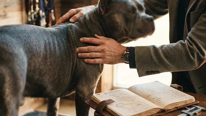 Four American Bully size varieties side by side — Pocket, Standard, Classic, and XL — showing height and body mass differences