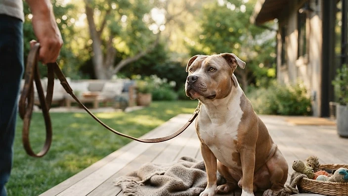 Adult American Bully dog sitting with family in a well-kept backyard, showcasing healthy coat and friendly temperament