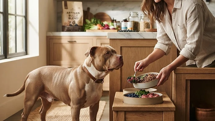 American Bully dog eating from a stainless steel bowl with healthy food and fresh vegetables nearby