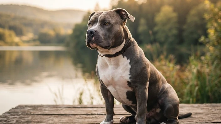 American Bully breed guide hero image Adult American Bully dog sitting confidently outdoors, showcasing broad chest and muscular build