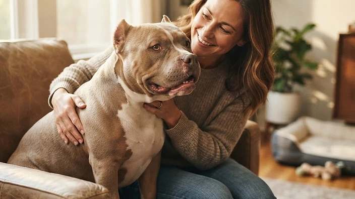 American Bully dog being groomed with a rubber curry brush showing healthy short glossy coat and skin fold inspection