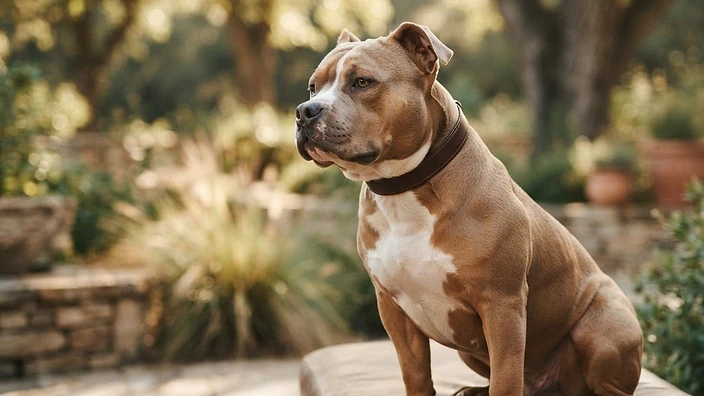 Muscular American Bully dog standing in show pose outdoors, displaying broad chest and blocky head structure