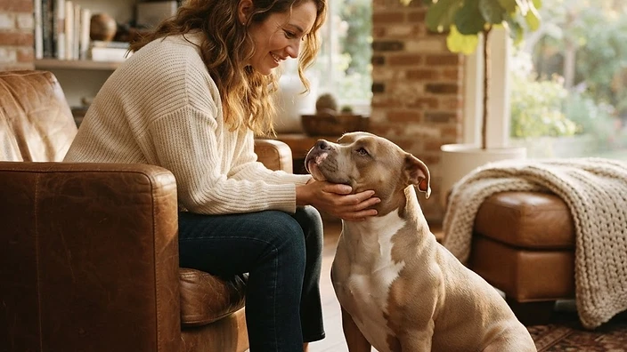 American Bully family dog lying calmly with children showing gentle temperament and affectionate nature