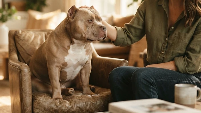 American Bully puppy with merle coat pattern and blue eyes sitting on a clean surface, showing breed temperament
