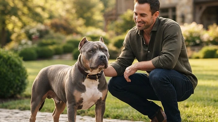 American Bully dog with broad head and muscular build standing proudly outdoors, representing the breed standard