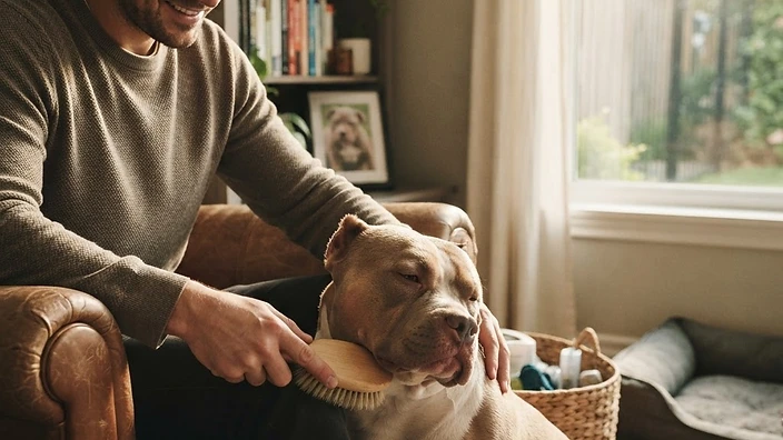 Owner grooming an American Bully with a rubber curry brush, the dog sitting calmly on a grooming table