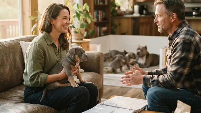 American Bully breeder reviewing health testing documents and registration papers for their breeding dogs