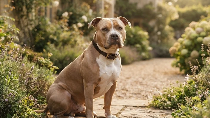 Muscular American Bully dog sitting confidently outdoors, showcasing the breed's broad chest and powerful build