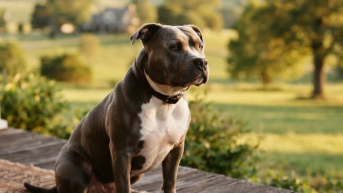 Muscular American Bully dog sitting proudly outdoors, showcasing the breed's broad head and compact build
