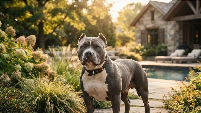Muscular American Bully dog with broad chest and wide head sitting confidently outdoors in Austin Texas