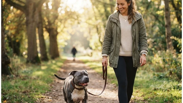 Adult American Bully dog walking on a grassy trail in Austin Texas with its owner on a sunny morning