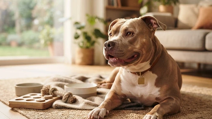 American Bully dog in peak health condition outdoors, showcasing muscular build and vibrant coat