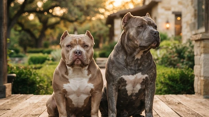 Muscular American Bully dog standing confidently outdoors, showcasing the breed's blocky head and wide chest