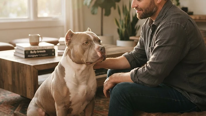 American Bully dogs in lilac tri, blue tri, chocolate tri, and merle coat colors showing breed color diversity