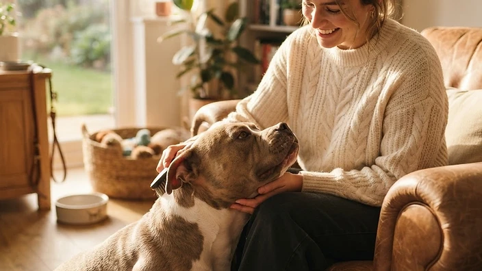Senior American Bully dog resting comfortably on orthopedic dog bed indoors, showing signs of healthy aging and joint support