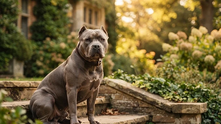 Muscular American Bully dog with broad head and tri-color coat standing confidently outdoors