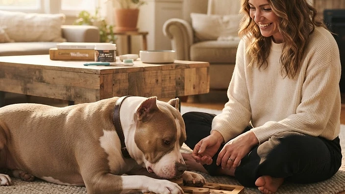 American Bully puppy engaging with a puzzle feeder toy for mental enrichment and cognitive stimulation