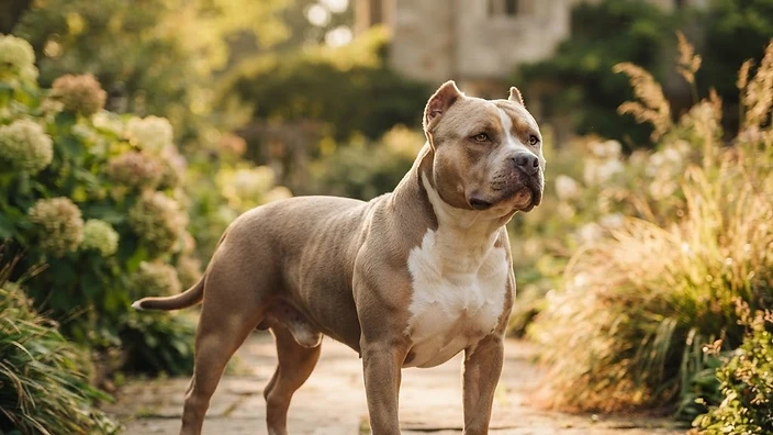 Muscular American Bully dog standing in show stack position on green grass in Austin Texas