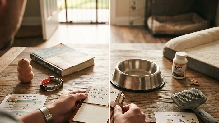 American Bully puppy eating from a stainless steel bowl on a clean kitchen floor, illustrating proper puppy nutrition