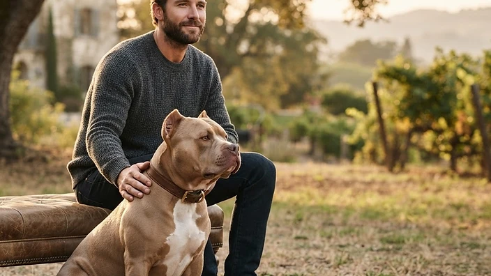 American Bully dog standing in show pose displaying blocky head, broad chest, and muscular build