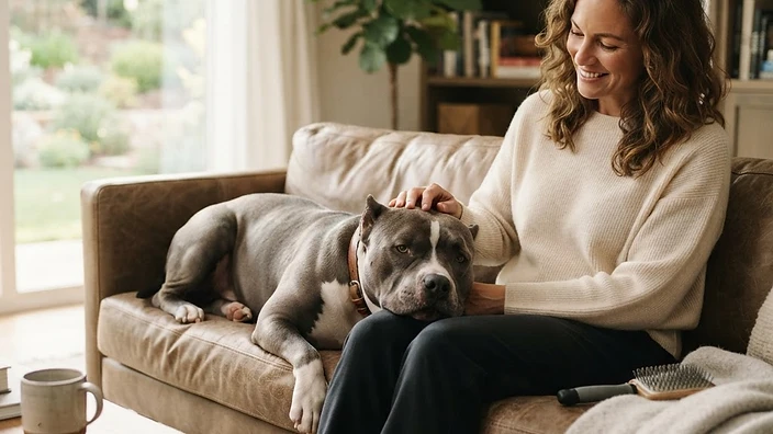American Bully dog with family in a sunny backyard, showcasing healthy coat and muscular build