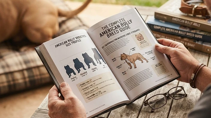 Four American Bully size varieties side by side showing Pocket, Standard, Classic, and XL differences