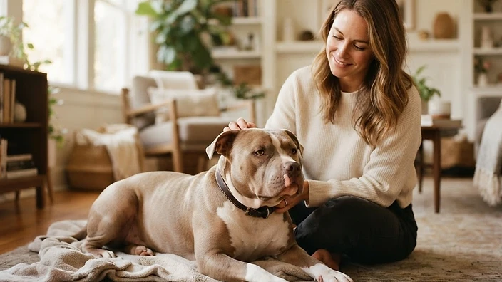 American Bully Complete Care Guide — Puppyhood to Senior Years American Bully dog sitting with family in a sunny backyard, showing the breed's muscular build and gentle temperament