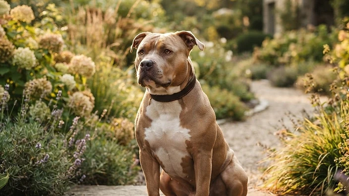Muscular American Bully dog standing confidently in a show stack pose, displaying classic breed structure and broad head