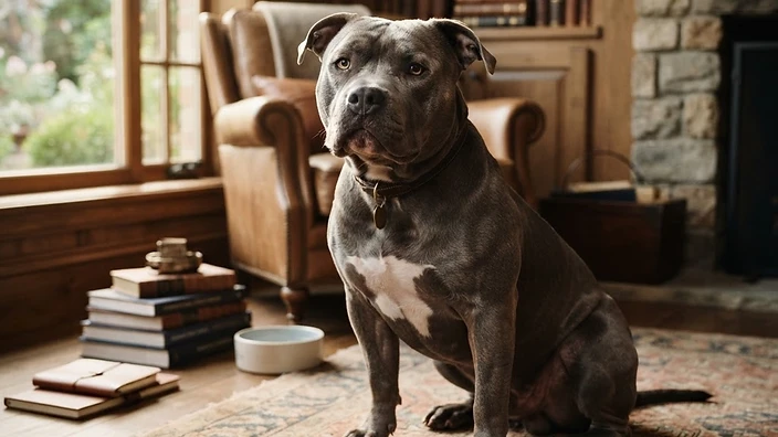 Muscular American Bully dog sitting proudly outdoors, showcasing broad head and compact bully build