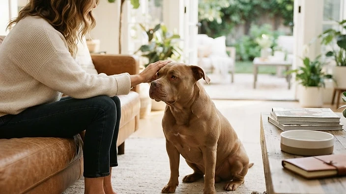 Adult American Bully dog sitting in a sunny Texas backyard, healthy and well-cared-for, showcasing the breed's muscular build