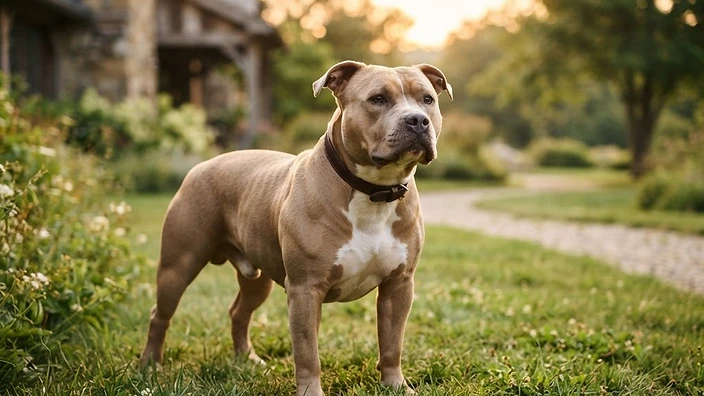Muscular American Bully dog with broad head and wide chest standing confidently outdoors in Austin Texas