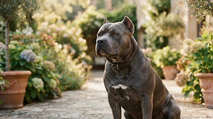 Muscular American Bully dog sitting confidently outdoors, showing broad chest and blocky head characteristic of the breed