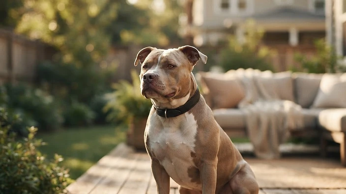 American Bully dog sitting attentively outdoors in a lush green yard, showing muscular build and friendly expression