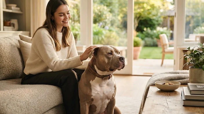 American Bully care guide – puppyhood to senior years American Bully dog sitting with owner outdoors in a sunny backyard, showcasing healthy coat and muscular build